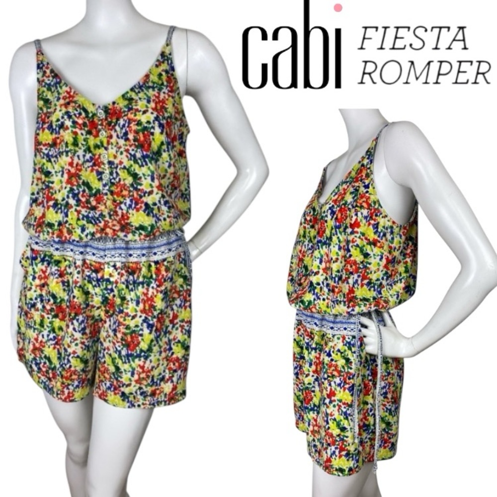 CAbi 5261 Fiesta Floral Romper Shorts Jumpsuit Spaghetti Strap Pockets Sz Large